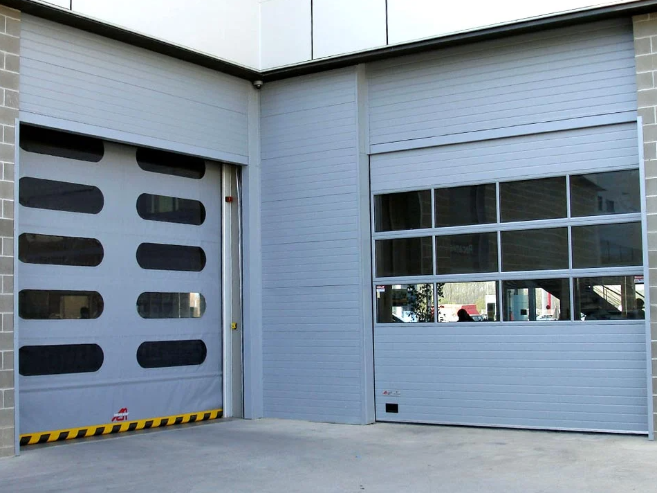 Technician performing commercial garage door repair in Coral Springs for a large industrial building